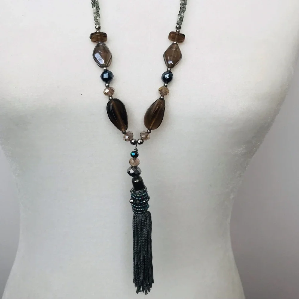 Chunky Glass and Seed Bead Long Fringe Tassel Necklace
